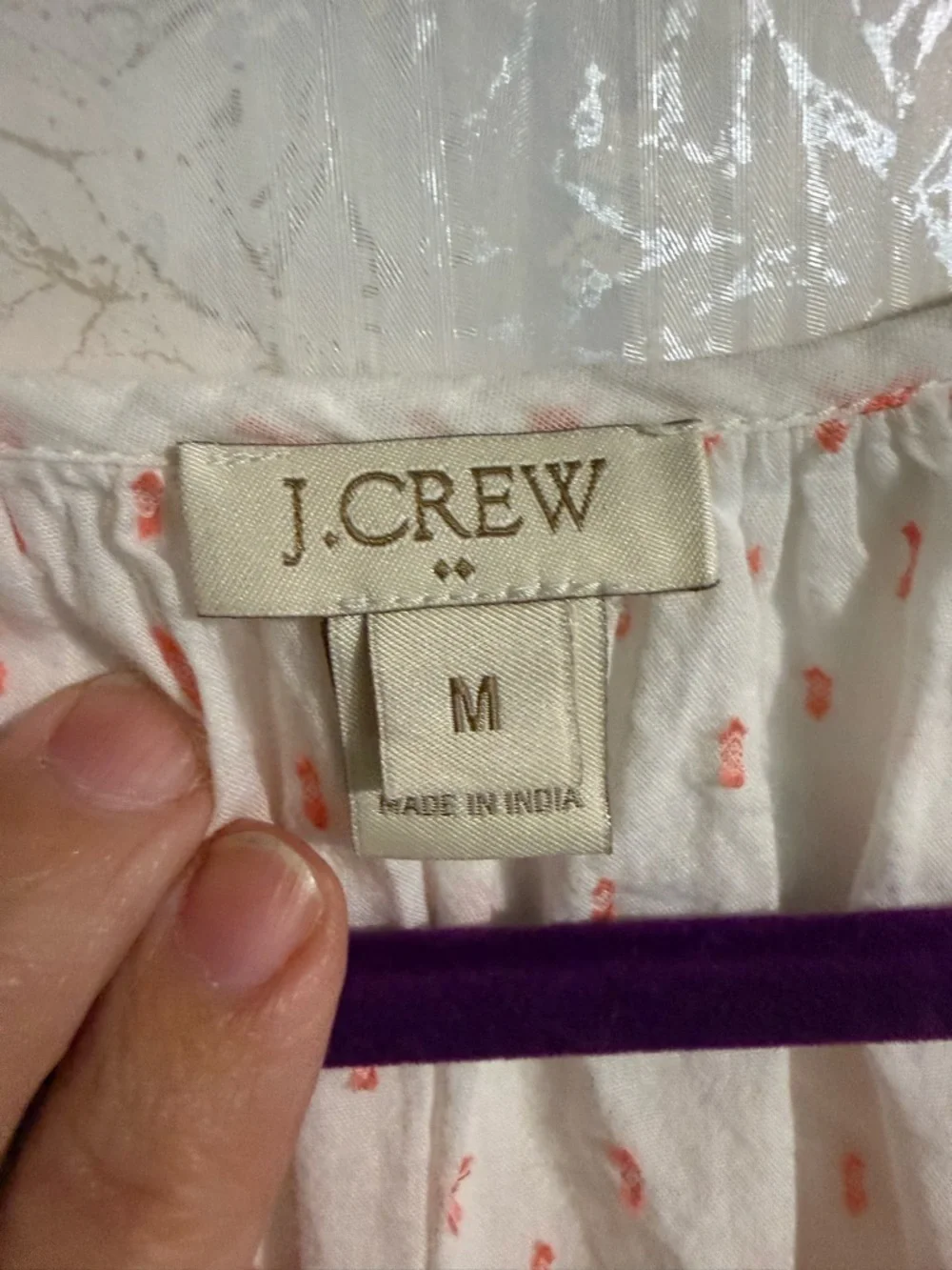 J. Crew Sheer Peasant Top With Tiny‎ Pink Diamond Print , Lace Detail On Collar